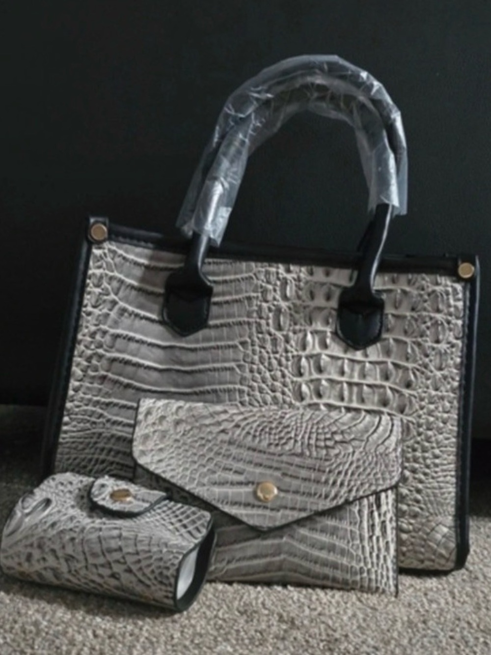 Structured Croc-Embossed Tote with Matching Wallet and Clutch - Black & Gray